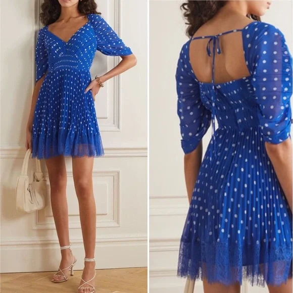 Self-Portrait | Dresses | Selfportrait Lacetrimmed Pleated Polkadot Chiffon  Mini Dress | Poshmark